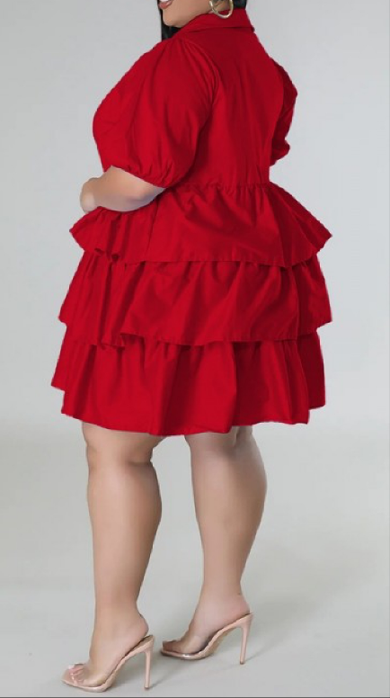 Red casual button up short sleeve dress with ruffles.