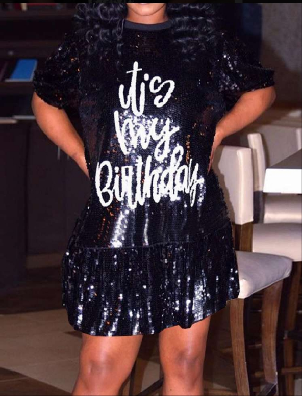 Black sequin short sleeve ruffle Birthday dress.