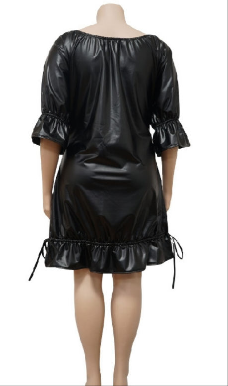 Black leather like short sleeve ruffle dress.