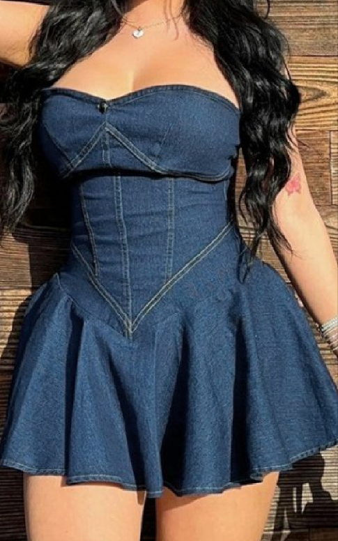 Denim pleated sleeveless dress.