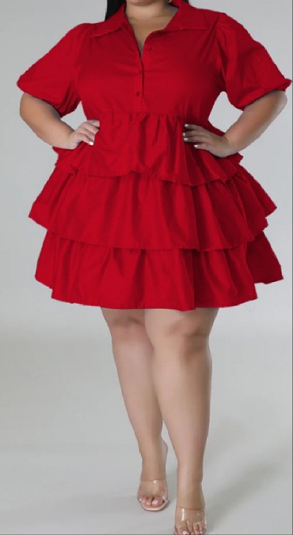 Red casual button up short sleeve dress with ruffles.