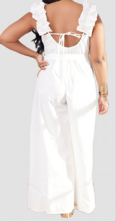 White Backless sleeveless jumpsuit.