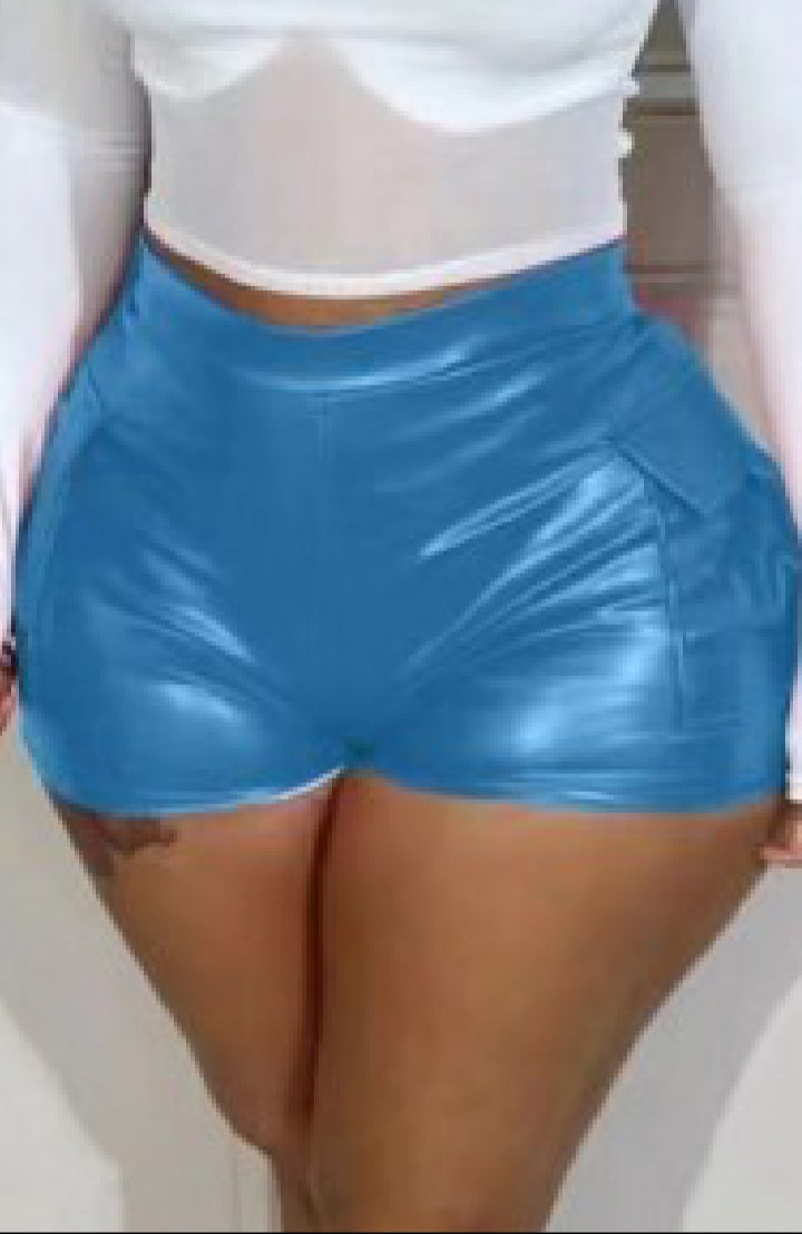 Ice blue PU bodycon short shorts w/pockets.