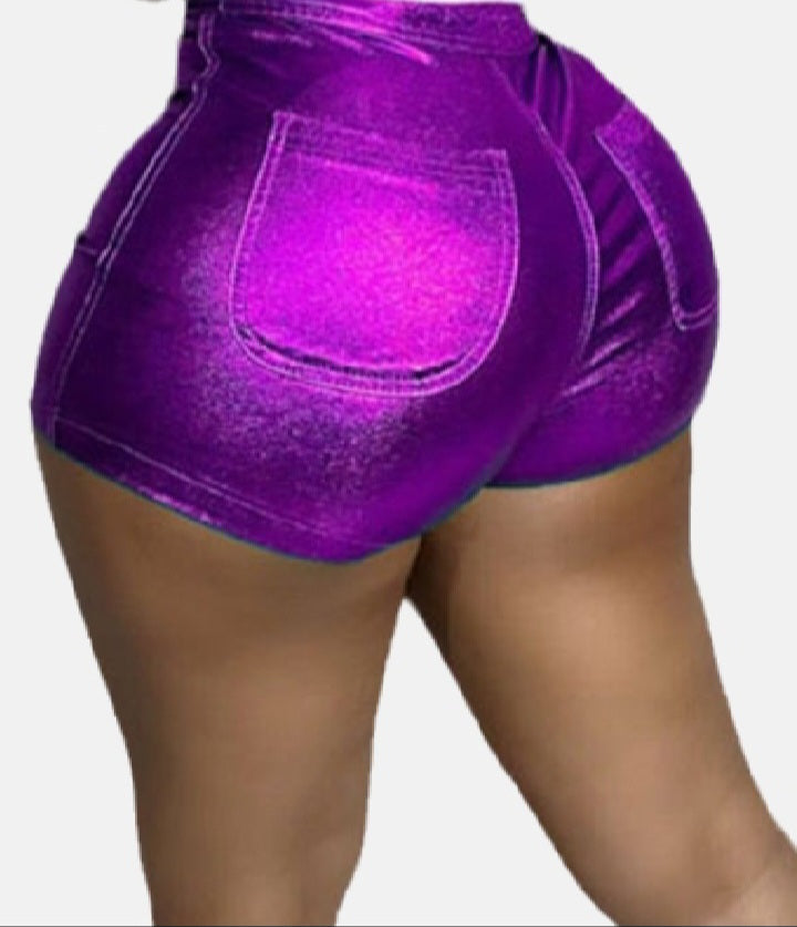 Metallic purple hot pant shorts.