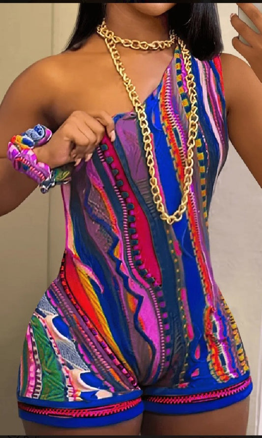 Colorful sexy one shoulder printed romper.