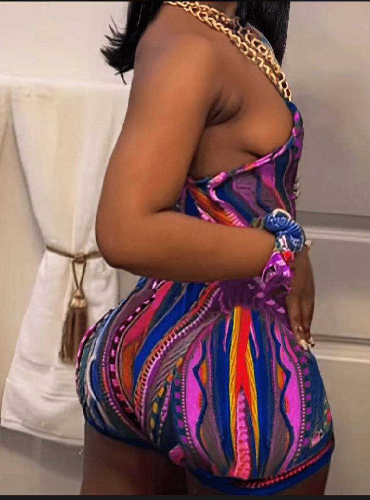 Colorful sexy one shoulder printed romper.