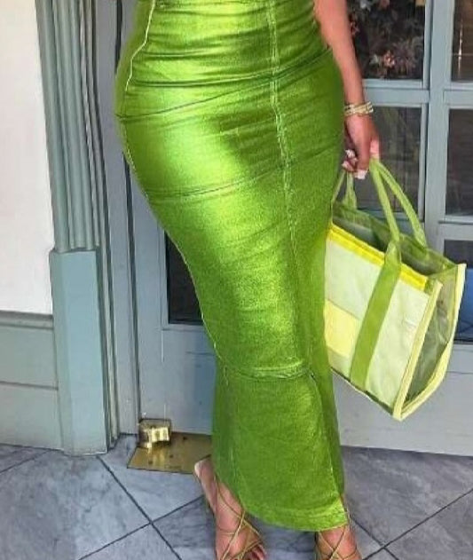 Metallic green leather like long skirt w/ split.