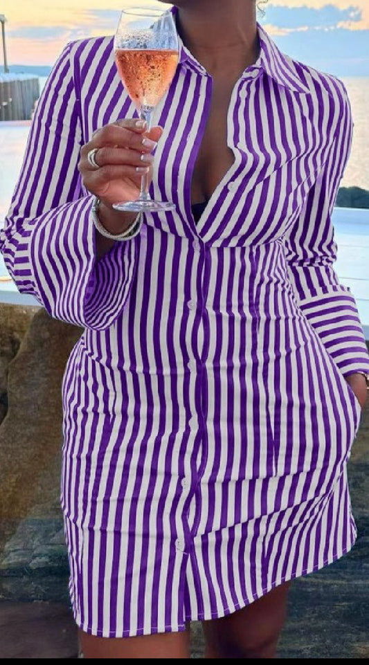 Purple & white stripped, button up short dress w/ pockets.