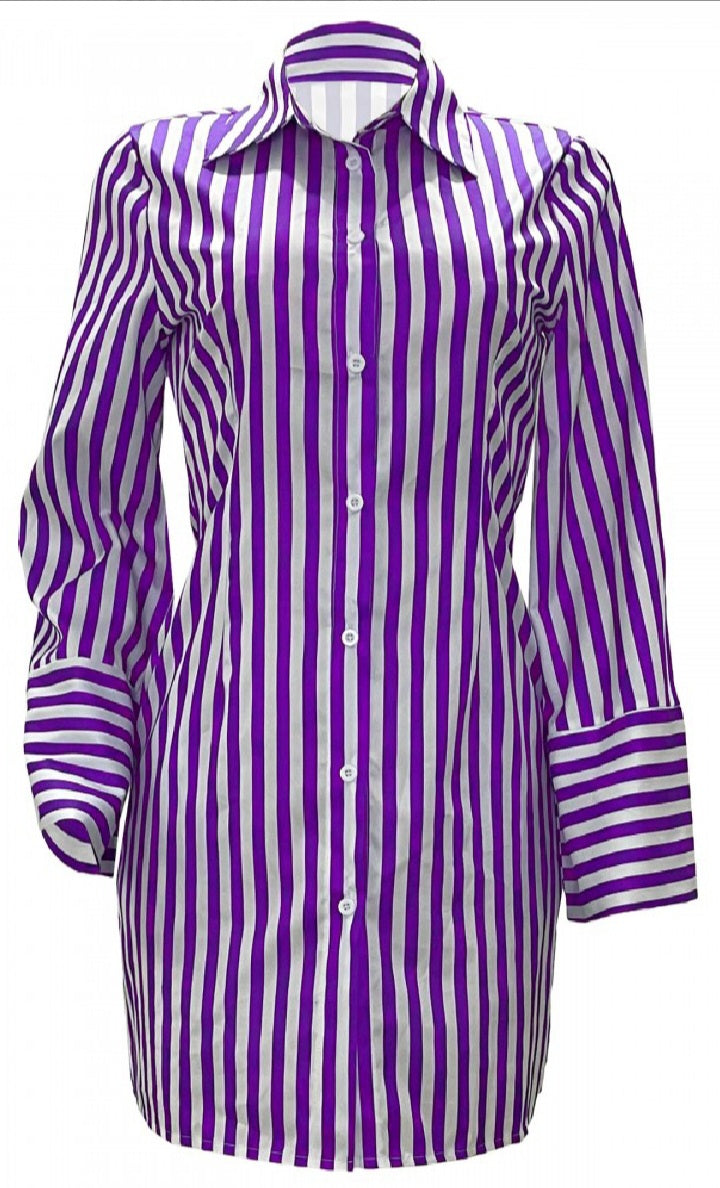 Purple & white stripped, button up short dress w/ pockets.