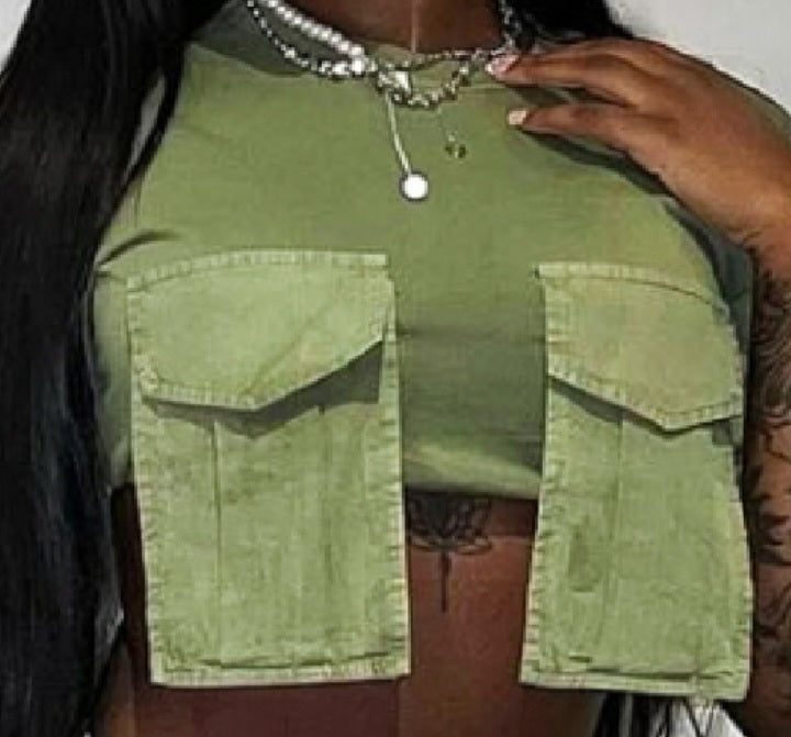 Army green cargo pocket cropped t-shirt.