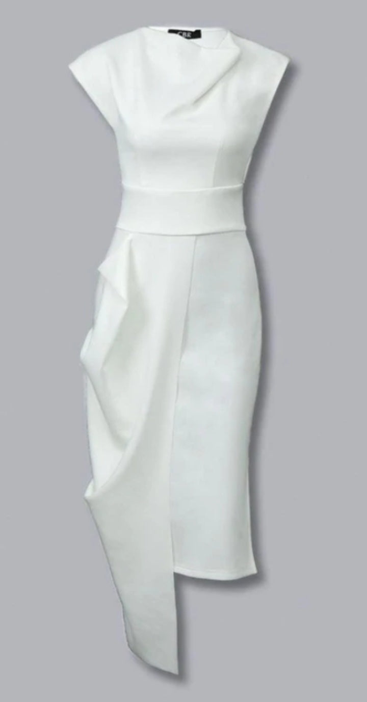 White sleeveless dress with split.