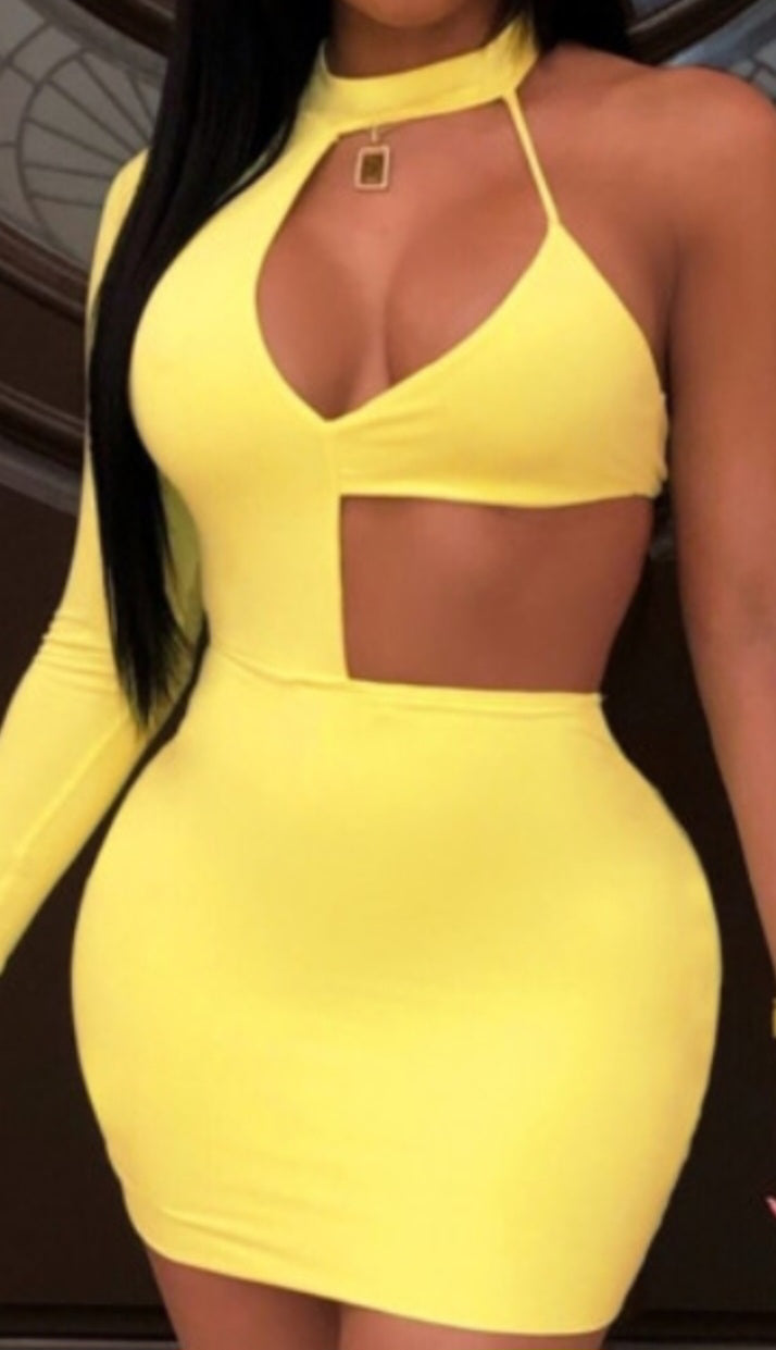 Yellow cutout mini dress.