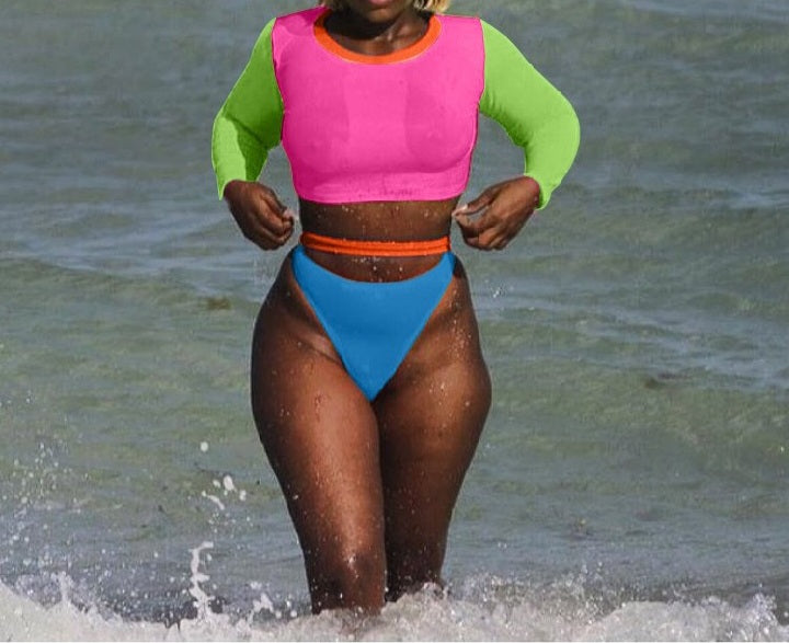 Multi color block long sleeve two piece thong bikini.